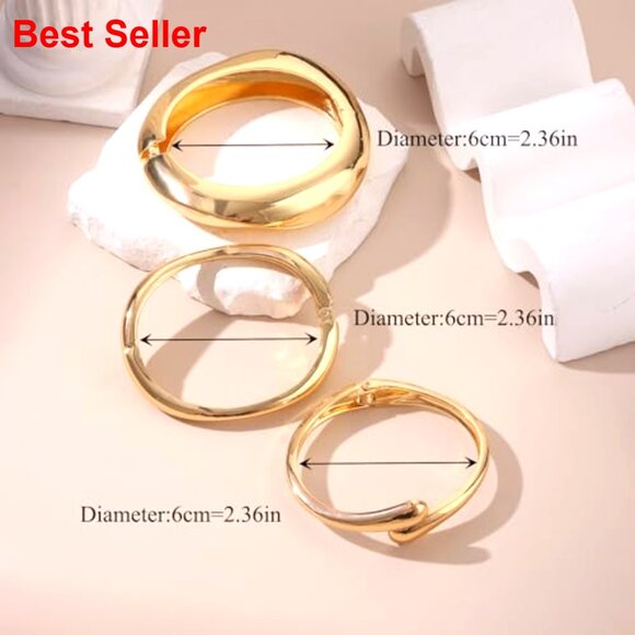 Chunky Gold Plated Bangle Bracelets Set Stackable Wide Cuff - Picture 6 of 7